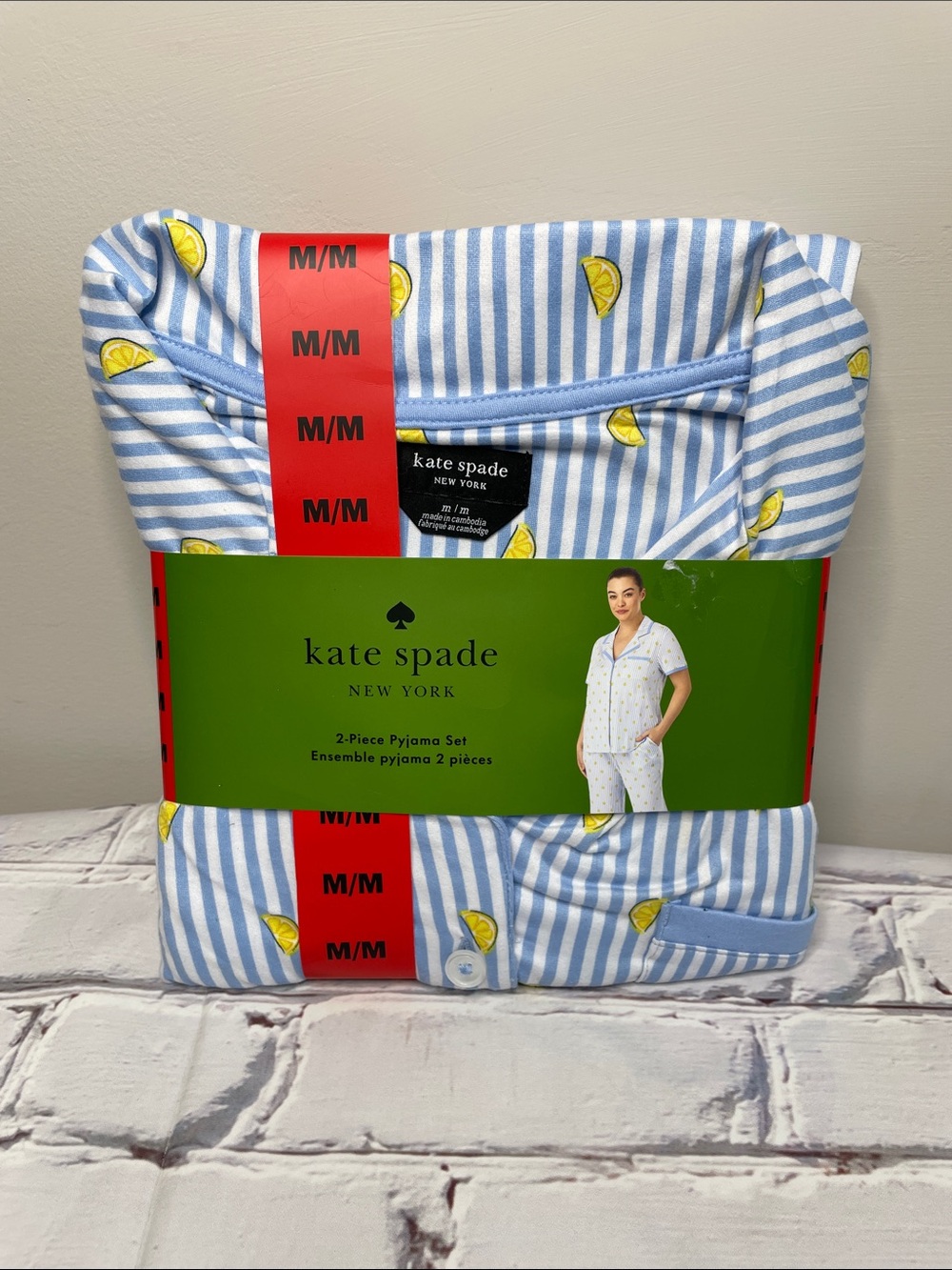 Kate Spade Blue and White Striped Lemon Two Piece Summer Pajama Set